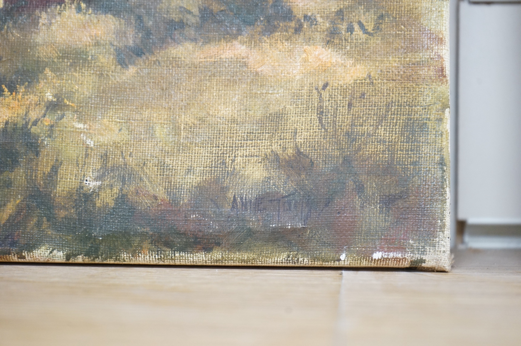 20th century school, oil on canvas, Riverscape, indistinctly signed, unframed, 51 x 40cm. Condition- fair